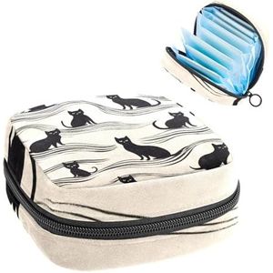 Opbergtas voor maandverband, 1 stuks, grote maandverband, organizer, herbruikbare eerste menstruatietas voor meisjes, dames, 17 x 17 x 12 cm, vintage zwarte katten op golvende achtergrond