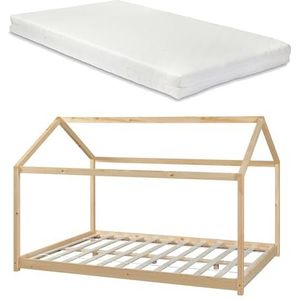 [en.casa] Kinderbed Cerro met matras huisbed jeugdbed in huislook van massief grenen bedframe en bedbodem houtkleurig 140x200 cm