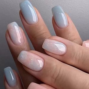 24 stuks vierkante kunstnagels kort, groene Franse punt, glanzende verwijderbare lijm op nagels met luipaardprint ontwerpen, acryl volledige dekking voor vrouwen en meisjes nagels kunst blauw en roze