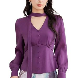 ROUZIHU Chiffon V-hals Shirt Professionele woon-werkverkeer Pullover Lange mouwen Dames Shirt(Purple,XL)