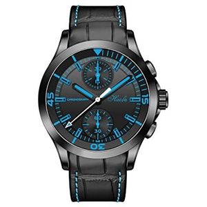 Haofa Herenhorloges chronograaf 40 mm saffier-wijzerplaat waterdicht oplichtend automatisch mechanisch horloge met lederen band business casual mode horloges voor heren 1600, blauw