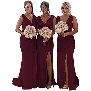 N/ C Dubbele V-hals bruidsmeisjes jurken lange meid van eer jurk chiffon bruiloft avondjurken voor vrouwen, Bordeaux, 36