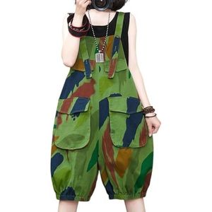 QOUERUUE Rompertjes voor vrouwen Denim overalls Print Casual zomer Jean korte overalls Shortalls met zakken,Groen,L