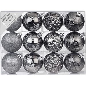 Kerstballen, kunststof, 6 cm x 12 stuks, set met patroon, mix kerstballen, antraciet