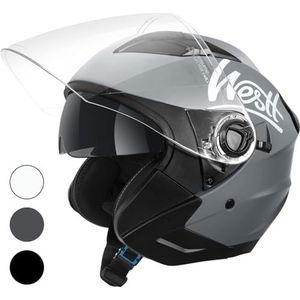 WESTT Jet motorhelm grijs I scooterhelm met dubbel vizier I jethelm heren & dames I ademende bromfiets helm I schokbestendige motorhelm