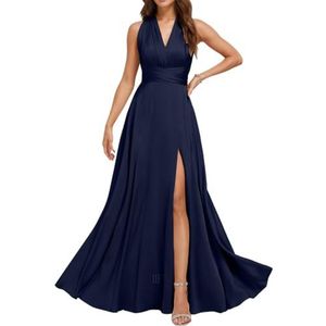 Chiffon bruidsmeisjesjurken voor dames, met split, lange baljurken, cocktailjurken, grote maten, Donkerblauw, 32