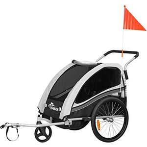 SAMAX 360° zwenkbare Fietskar/Aanhangwagen 2in1 en Buggy Geveerde Transportkar Kinderfietskar voor 2 kinderen - in Grijs - Black Edition
