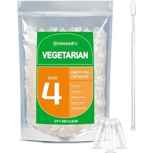 WANANFU Maat 4 Lege Capsules Vegetarische (500 stuks) Bundel met 2 Micro Lepel, compatibel met Capsulevulmachine Maat 4