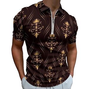 Gouden Damast Patroon Polo Shirt voor Mannen Casual Rits Kraag T-shirts Golf Tops Slim Fit