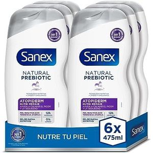 Sanex Natural Prebiotic Atopiderm Douchegel, 6 x 475 ml, badgel voor reactieve huid met atomaire neiging, helpt jeuk en droogheid te kalmeren, 12 uur hydratatie