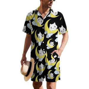 Leuke kat op de maan Hawaiiaanse pak voor heren, set van 2 stuks, strandoutfit, shirt en korte broek, bijpassende set