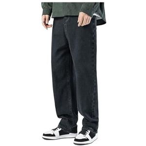 Heren Baggy Jeans Elastische Hoge Taille Broeken Losse Pasvorm Wijde Pijpen Denim Broek Streetwear Mode Broeken Heren Vintage Hip Hop Stijl Jeans(Noir,L)