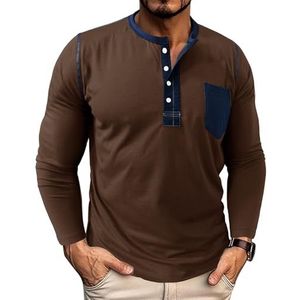 Heren casual poloshirt met lange mouwen, katoenen T-shirt met knoopjes, mode herfst winter basic T-shirts, tops met knoopjes(Coffee,3XL)