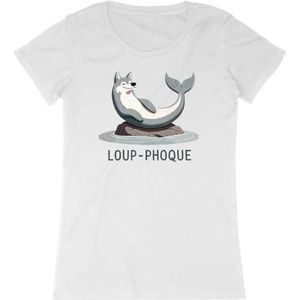 T-shirt met zeewolf, voor dames, bedrukt in Frankrijk, 100% biologisch katoen, cadeau voor dieren, verjaardag, grappig, origineel, Wit, XXL