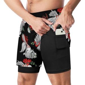 Vissen en bloemen in grafische grappige zwembroek met compressieliner en zak voor mannen board zwemmen sport shorts