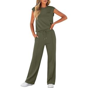 LLECDASEUI Dames zomer 2-delige outfits casual mouwloze sweatsuits bijpassende wijde pijpen trainingspakken lounge sets mode kleding, legergroen, L
