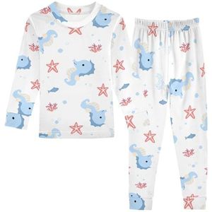 LI ZHI XIN Katoenen Paj Set Jongens Meisjes Nachtkleding Set Kinderen Lange Mouw Paj Set 2 Stuk Homewear Nachtkleding Leeftijd 1-8 Jaar Zeepaardje Patroon Blauw, Meerkleurig, 1 jaar