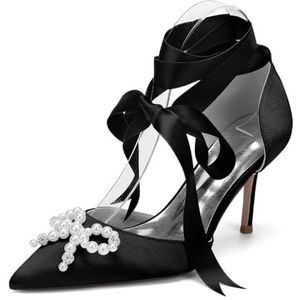 EICOFF Dames Puntige Teen Parel Pumps Satijn Bruids Hoge Hakken Gesloten Teen Trouwschoenen Slip on Enkelband Party Jurk Schoenen,zwart,35 EU