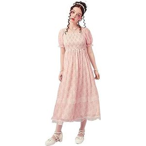 jurken voor dames Ditsy bloemenprint mesh overlay-jurk met pofmouwen (Color : Rosa, Size : L)