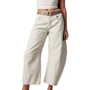 MASUCOR Losse Damesjeans Effen Middelhoge Denim Broek Casual Streetwear Cropped Jeans met Wijde Pijpen Vintage Jeans in Used Look Effen Enkelbroek(White,M)