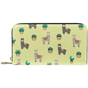 Vrouwen Zip Around Portemonnee en Telefoon Clutch, Cactus en Alpacas Patroon, Reizen Purse Lederen Clutch Bag Kaarthouder Organizer Polsjes Portefeuilles, Meerkleurig, 8.07x1x4.53 in