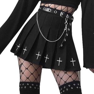 Dames plooirok Gothic hoge taille korte rok punk goth rok met riem, zwart, 32-34