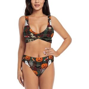 Zelinge Kleurrijke Wrap Front Bikini Top en Hoge Taille Bodem Zomer Badpak Twist Front Badpak S-2XL, Halloween Elements Groen Rood Geruit, S