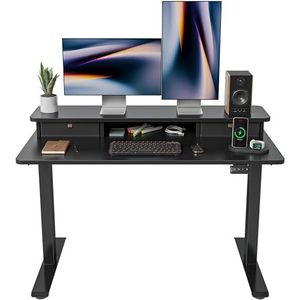 FEZIBO In hoogte verstelbare elektrische statafel met dubbele lade 120 x 60 cm statafel met plank zit-staand bureau met verbindingsplaat zwart frame zwart oppervlak Bureaul