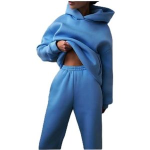 Dames trainingspak Herfst Fashion Warm Hoodie Sweatshirts Twee Stukken Oversized Solid Casual Hoody Pullovers Long Pant Sets-BLUE,M