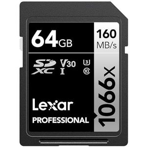 Lexar 64 GB professionele 1066x SD-kaart, UHS-I, C10, U3, V30, Full HD, 4K, tot 160MB/s SDXC-geheugenkaart, voor DSLR en spiegelloze camera's (LSD1066064G-BNNNU)