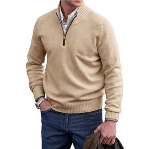 Heren kasjmier rits basic trui, kwart rits heren trui, gebreide heren basic ronde hals trui, Kaki, XL