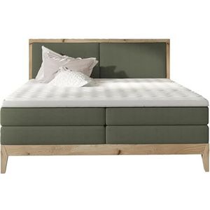 DomiMeble DomoHome IDA boxspringbed met massief eiken, pocketvering, koudschuim topper, verlichting, 160x200x65 cm, kleur: donkergroen