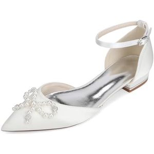 EICOFF Vrouwen Parel Puntige Bruiloft Schoenen voor Bruid Dames Satijnen Enkelriem Platte Pumps Lage Hakken Avond Party Jurk Dressschoenen,ivoor,36 EU