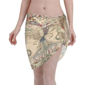 Wereldkaart retro print elegante strandwrap, bikini cover-up, badmode jurk, voor vrouwen, perfect voor zwembad en resort zwart, Zwart, one size
