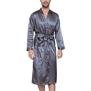 YAOMEI Kimono badjas voor heren, satijn, volledige lengte, zijdeachtige kimono-gewaden met lange mouwen, pure kleur, nachtkleding, nachtkleding, nachtjapon met zaksjerp riem, Grijs, L