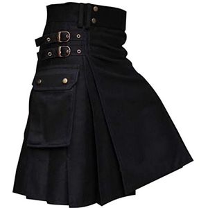 Heren Schotse Stijl Geruite Rokken Mode Veelzijdige Retro Korte Rok Gezellige Plaid Contrast Mode Rokken Homo Travestie Rollenspel Kostuum Heren Sport Utility Kilt Tactische Cargo Kilt, Zwart, S