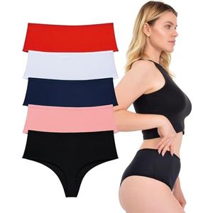 LadyMelex Hoge Taille Katoenen String Knickers Dames Ademend Ondergoed Multipack Pack van 5, Zwart, Wit, Marineblauw, Rood, Zalm, L