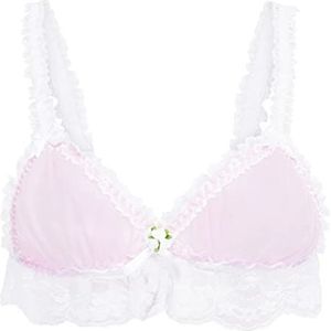 Satini Sissy Frilly Kant Getailleerd Flinterdun Bralette BH (Babyroze - Wit, L)