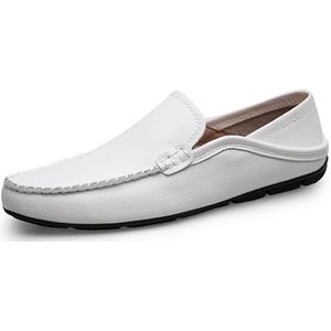 Loafers for heren Effen kleur Ademend Ronde neus Veganistisch leer Flexibele platte hak Antislip Outdoor Slip-on (Color : White, Size : 38 EU)