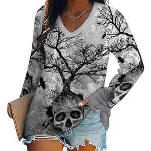 Creatieve schedel boom zwarte adelaar vrouwen casual lange mouw T-shirts V-hals gedrukte grafische blouses Tee Tops XL