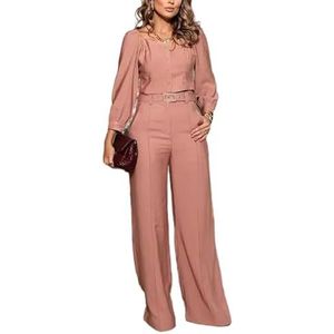 OHERUWKLS Dames Casual Business 2-Delig Overhemd Met Lange Mouwen En Broek Met Wijde Pijpen,Roze,3XL