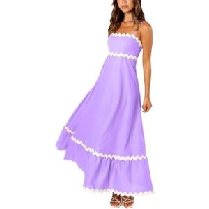 Dames zomer maxi-jurk casual boho mouwloze spaghettibandjes gesmokte lange strandzonjurken(Color:Purple A,Size:Large)