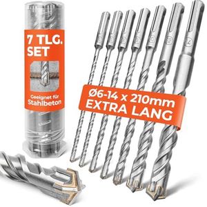 BAUBECK SDS Plus Boorset voor beton, 7-delig, diameter 6-14 en 210 mm lang, 4 snijkanten, duurzame betonboor van 40CR staal voor nauwkeurige resultaten, boorset, beton, slagboor, SDS-boor, steen