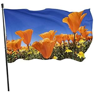 Vlag 90 x 150 cm, oranje bloemen huis tuin vlag wanddecoratie welkomstvlag decoratie veranda vlag, voor thuis, college slaapzaal, festival