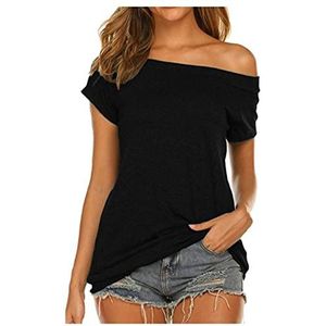 Dames een off-shoulder tops met lange mouwen dames effen kleur in zwart T-shirt met lange mouwen casual losse effen off-shoulder baggy shirts blouse koude schouder t-shirt casual tuniek blouse S-XXL, A-zwart, M