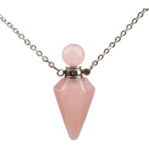 Women's Small Natural White Roses Quartz Pendulum Perfume Bottle Necklace Chakra Reiki Diffuser Pendant Jewelry Gift (Color : Pink Quartz Silver)