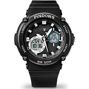 Kinderen horloges, dameshorloges, analoge digitale dubbele wijzerplaat kwarts horloge, 5 atm waterdichte elektronische multifuncion horloges voor vrouwen, met LED, alarm, datum, stopwatch,zwart