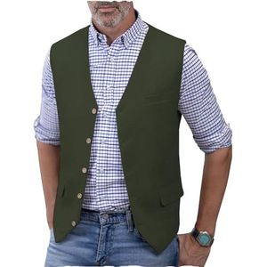 AeoTeokey Linnen vest voor heren, zomerpak, vest, V-hals, lichtgewicht, casual vest, normale pasvorm, Hunt Groen, XL