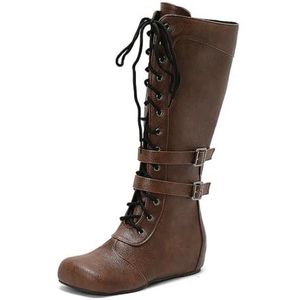 Retro Britse stijl dames vooraan veterschoenen patchwork ridder lange laarzen,Bruin,34 EU