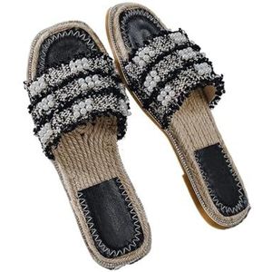 Strooien Slippers voor Vrouwen Strooien Slippers Parel Platte Sandalen Vrouwen Strand Slippers Koele Stro Bodem Kralen Slippers Vrouwen Slides, Zwart, 42.5 EU